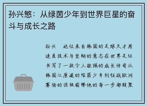 孙兴慜：从绿茵少年到世界巨星的奋斗与成长之路